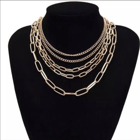 NEW 18K GOLD MULTY LAYERED CHAIN PUNK NECKLACE, NICE NECKLACE, CUTE NECKLACE - Picture 3 of 7